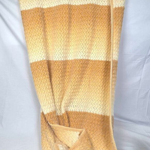 Handmade Crochet Afghan Blanket Striped Yellow Tan Cream 56x74 - Picture 4 of 4
